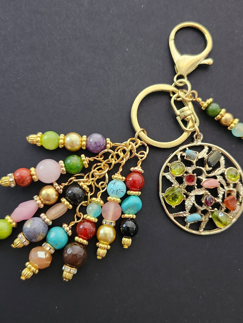 Artsy Purse Charm or Keychain Turquoise Carnelian Quartz Jade Handcrafted